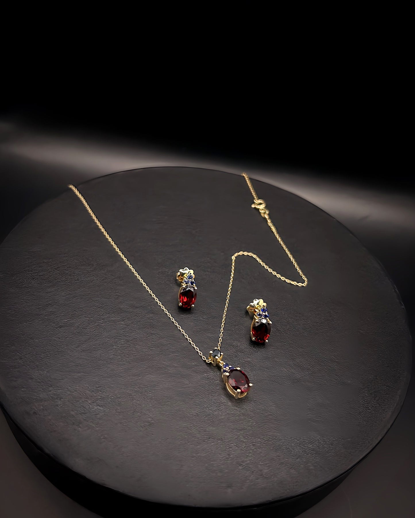 Gold Necklace & Earrings Set With Natural Garnets & Sapphires